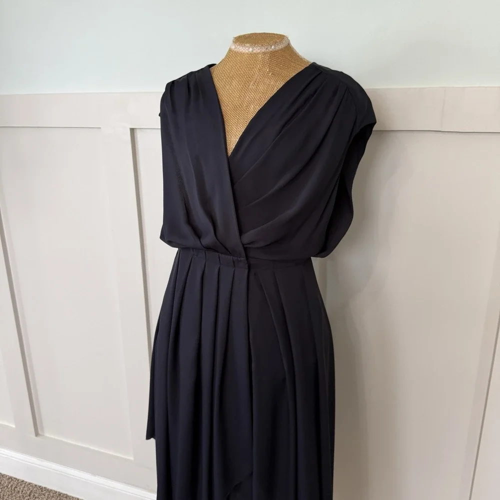 Tory Burch Deep V Neck Asymmetric Midi Wrap Dress 4 Navy Wedding Cocktail Career